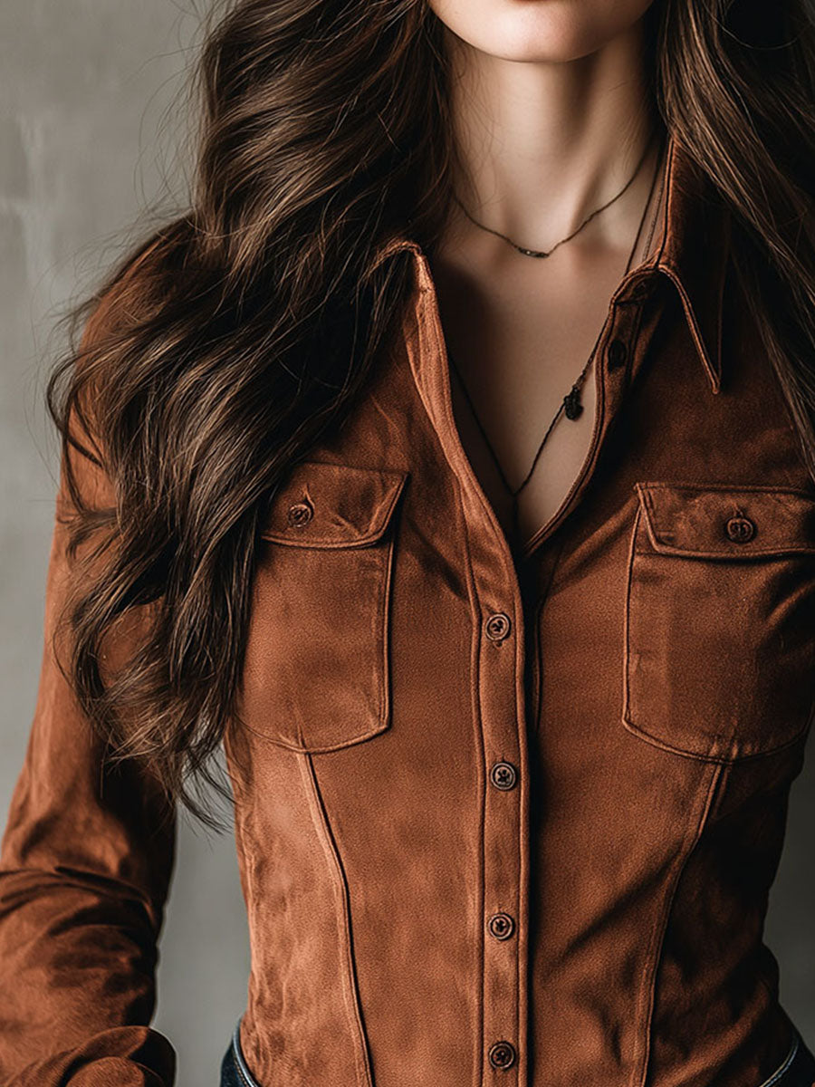 Chic Chestnut Microsuede Button-Up Corset Shirt - Fashionpara