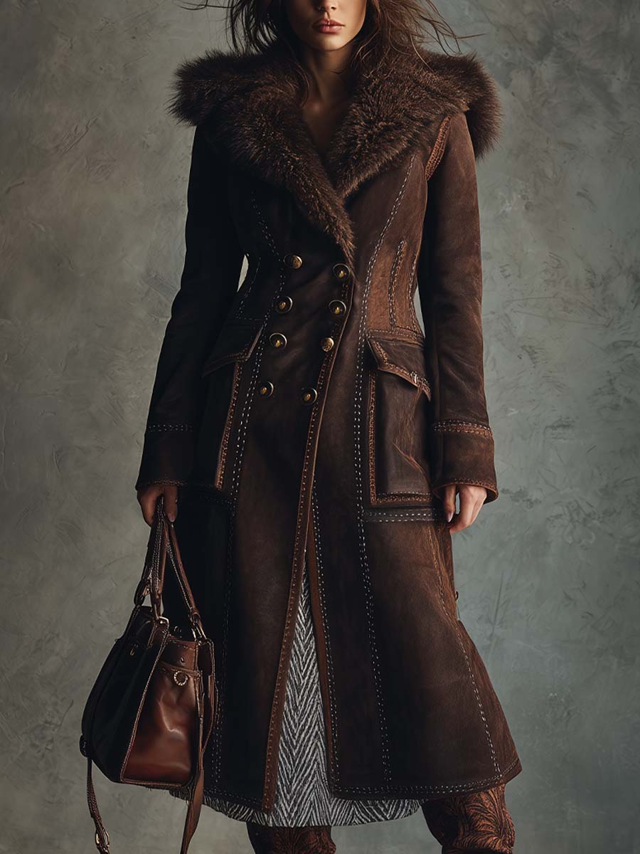 Vintage Brown Eco-Suede Coat with Full Shearling Lining and Fur Collar - Fashionpara