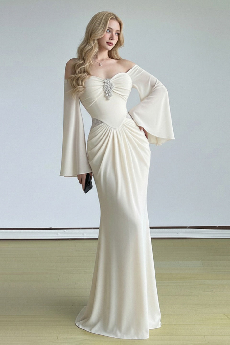 Off Shoulder Bell Sleeve Sweetheart Ruched Mermaid Gown