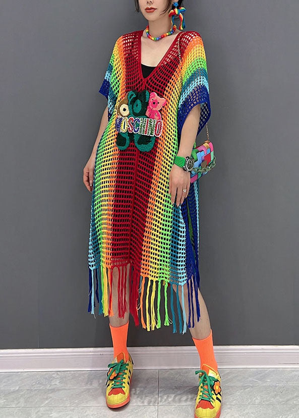 V-Neck Crochet Mesh Oversized Fringe Hem Mini Dress - View 2