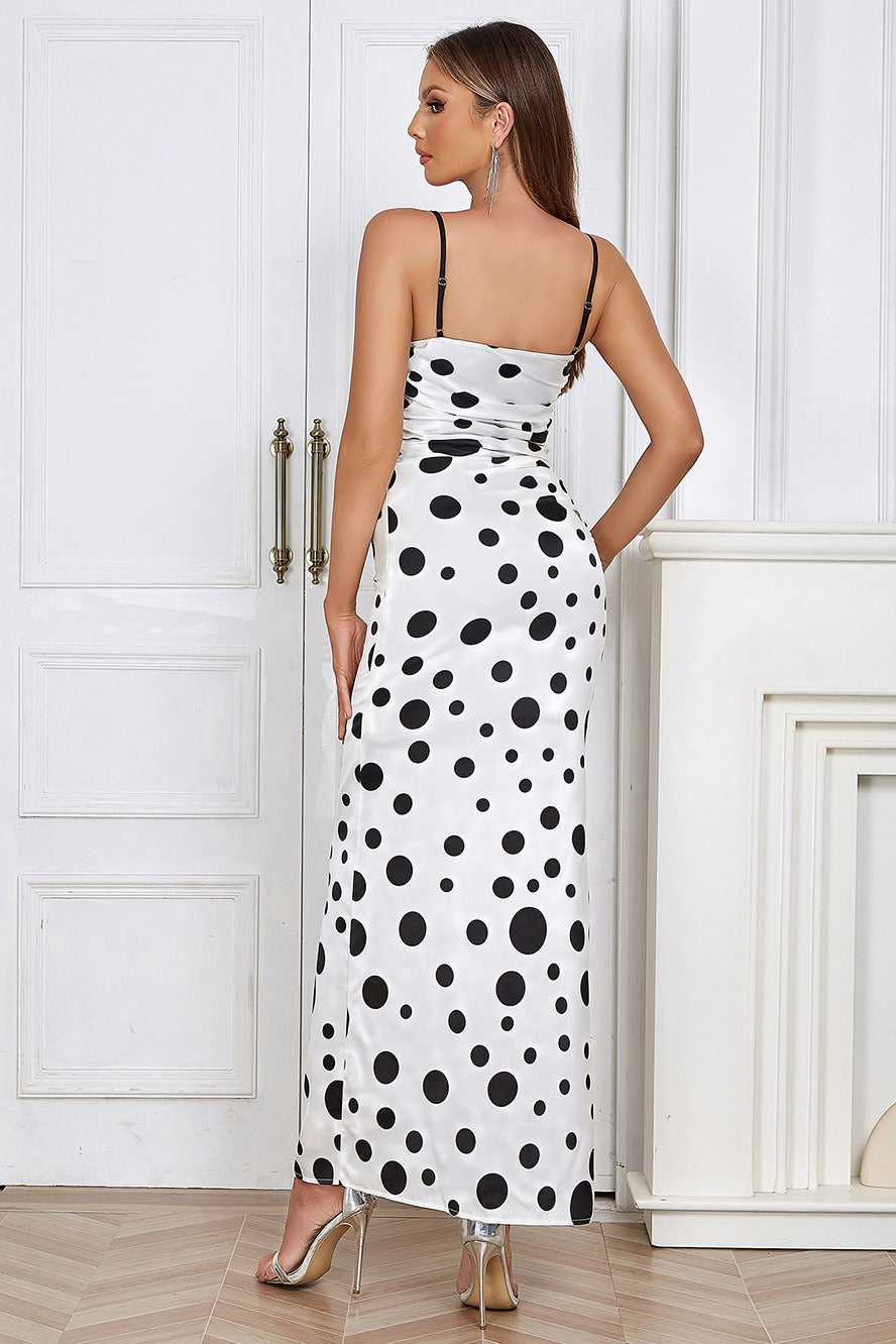 Polka Dot Satin Cowl Neck High Split Maxi Dress 3