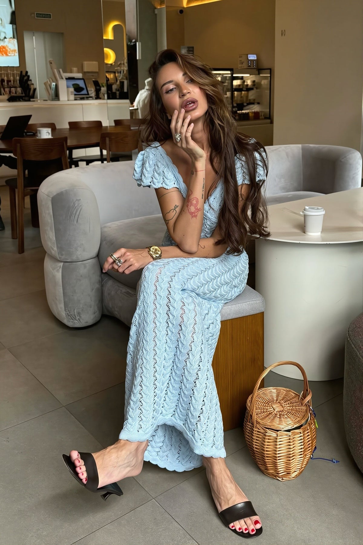 Crochet Knit V-Neck Flutter Sleeve Bodycon Maxi Dress 7