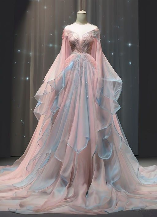 Ball Gown Off The Shoulder Pink Chiffon Long Prom Dress Evening Dresses - Fashionpara