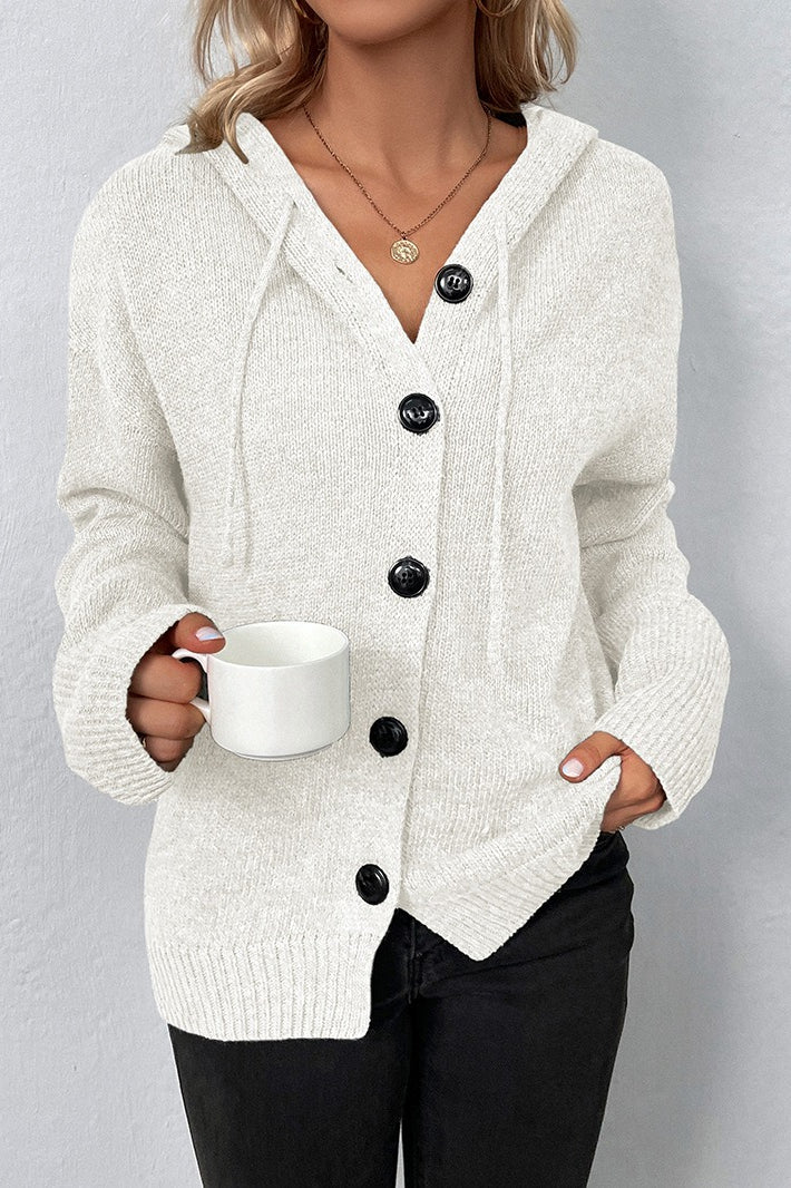Hooded Drawstring Button Front Knit Cardigan 9