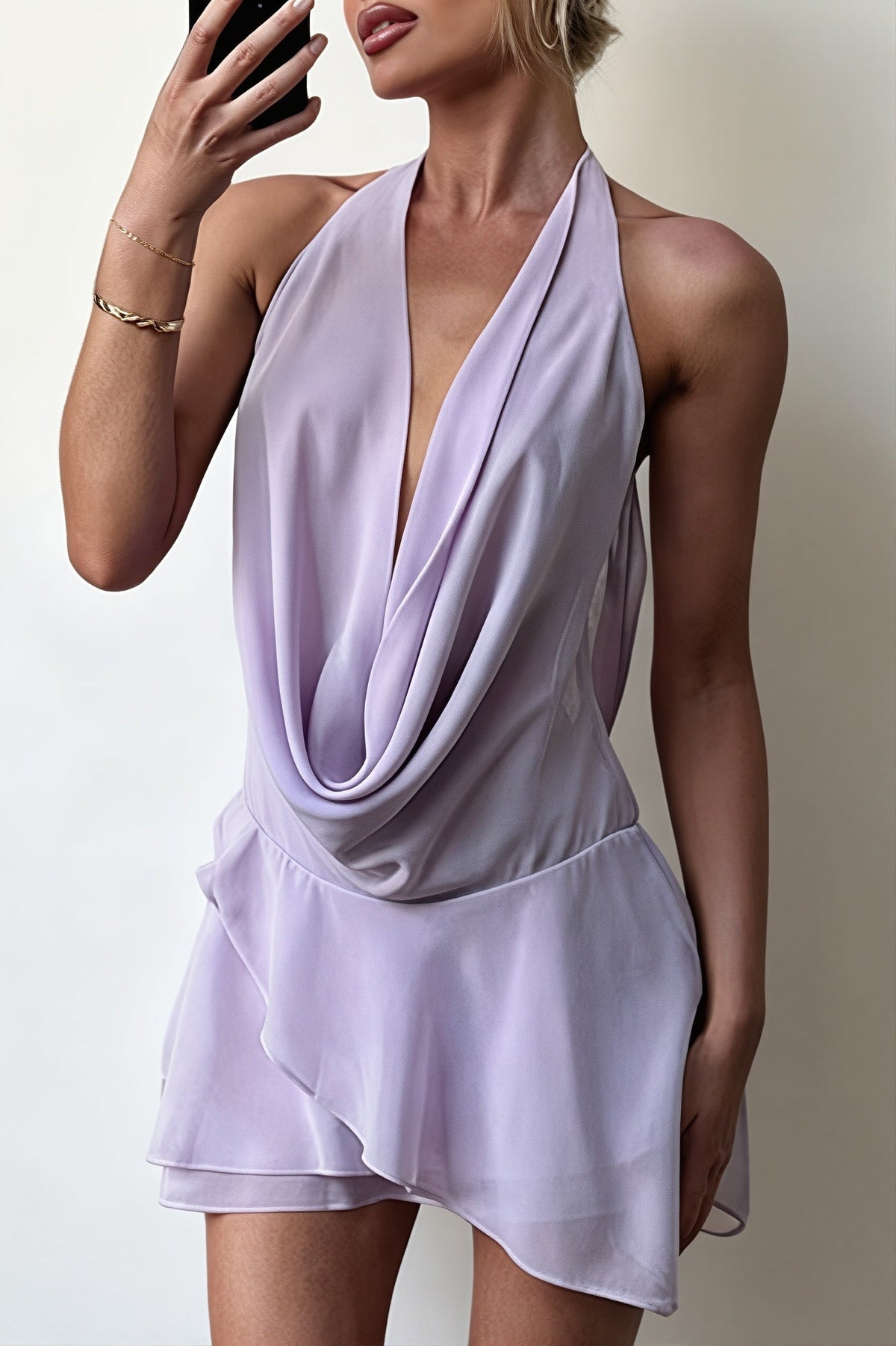 Halter Neck Plunge Draped Flared Mini Dress 7