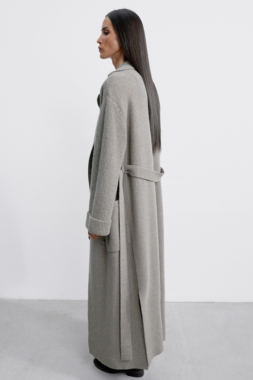 Knitted Blend Notched Lapel Tied Waist Long Overcoat - Fashionpara