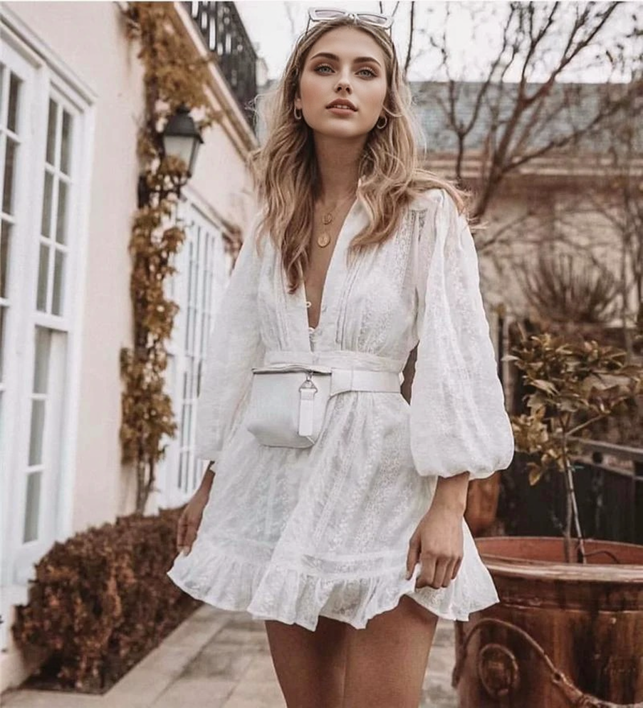 Lace Plunge V-Neck Bishop-Sleeve Ruffle-Hem Mini Dress