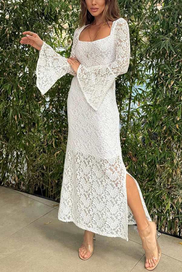 Luxe Lifestyle Lace Square Neck Bell Sleeve Lined Slit Midi Dress - Fashionpara