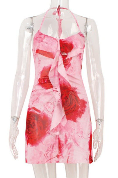 Abstract Floral Mesh Ruffle Cold Shoulder Mini Dress