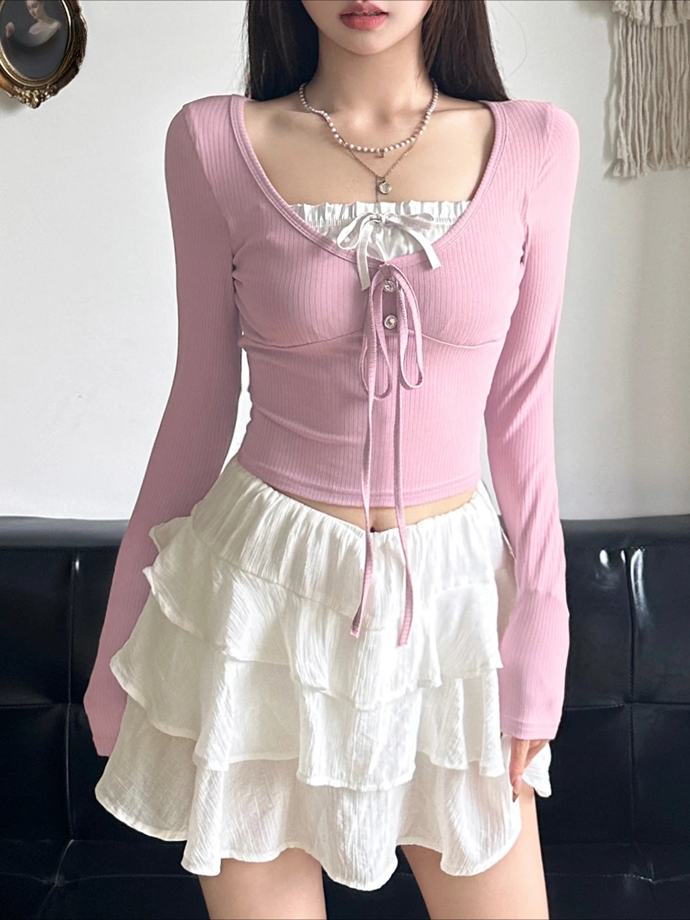 Sweet Patchwork Bandage Slim Square Collar Knit Top - Fashionpara