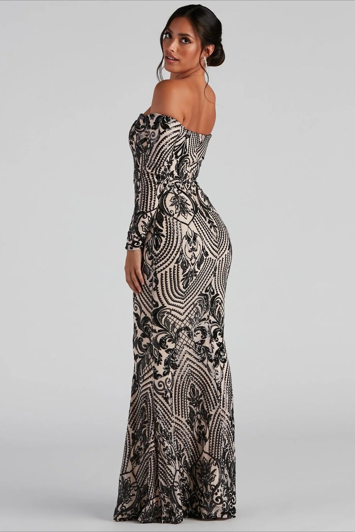 Baroque Sequin Off-Shoulder Long Sleeve Mermaid Gown