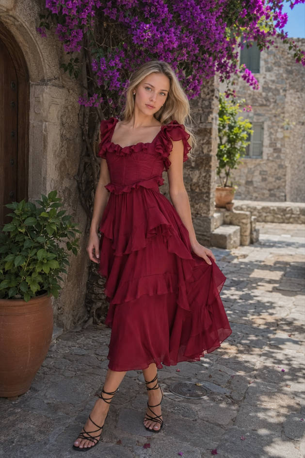 Square Neck Ruffle Tiered Chiffon Midi Dress 4