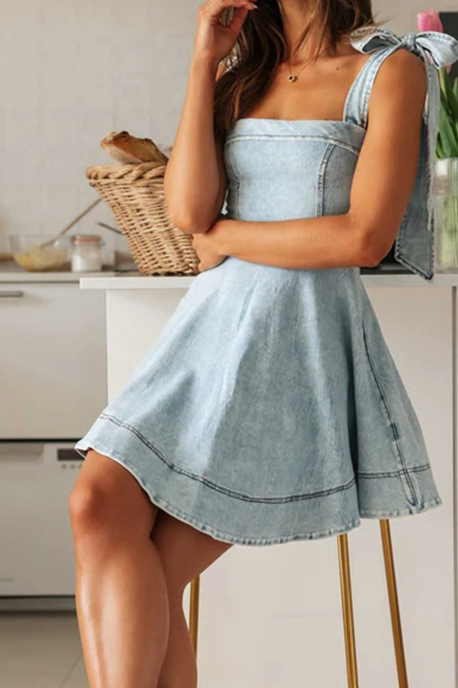 Square Neck Tie Waist Denim Dress