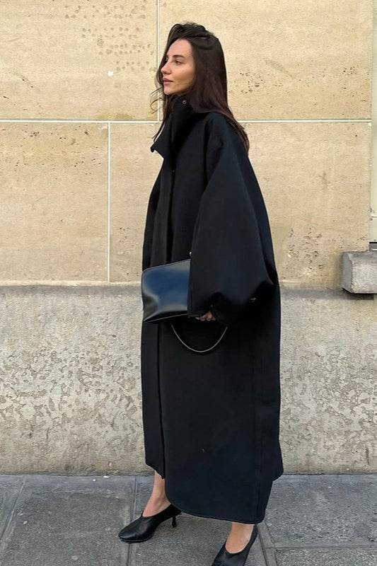 Stand Collar Batwing Sleeve Longline Loose Wool Overcoat