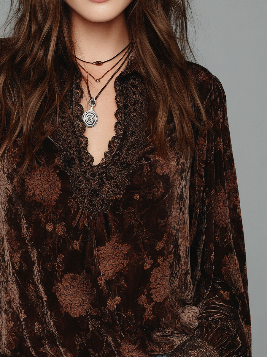 Retro Boho Romantic Floral Velvet Lace-Trim Blouse - Fashionpara