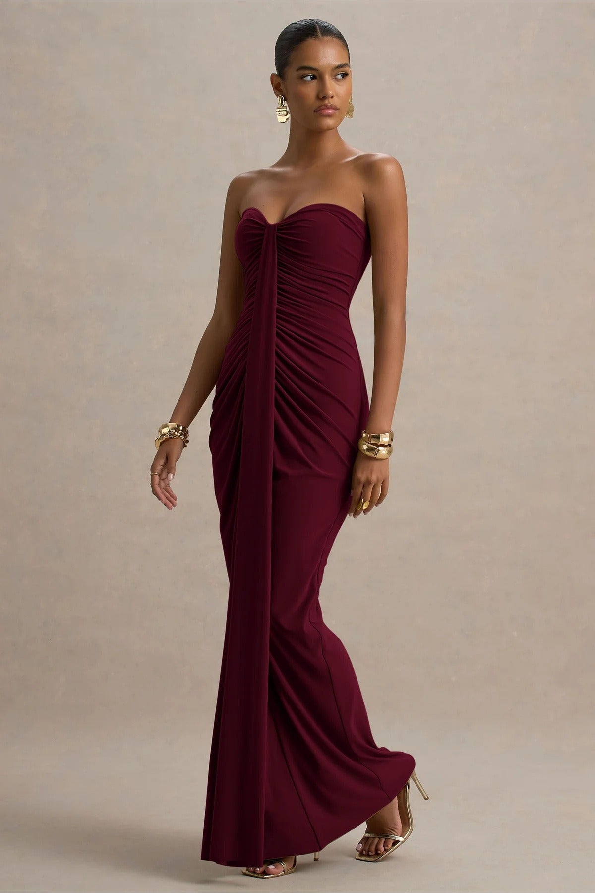 Strapless Sweetheart Ruched Center Drape Panel Column Maxi Formal Gown