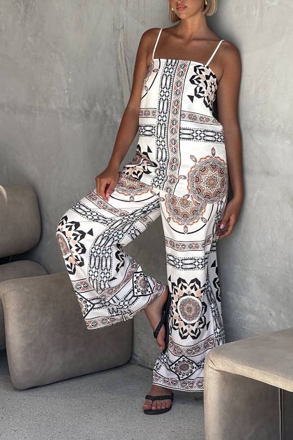 Unique Print Loose Casual Tank Top and Elastic Waist Wide Leg Straight Pants Set - Fashionpara