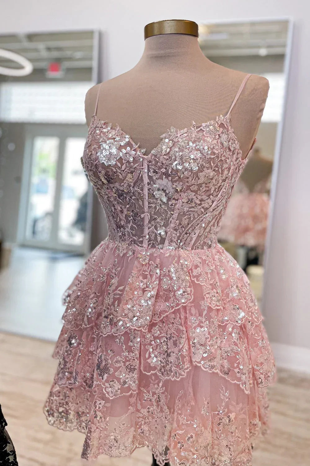 Cute Spaghetti Straps A-Line Homecoming Dress With Appliques And Sequin