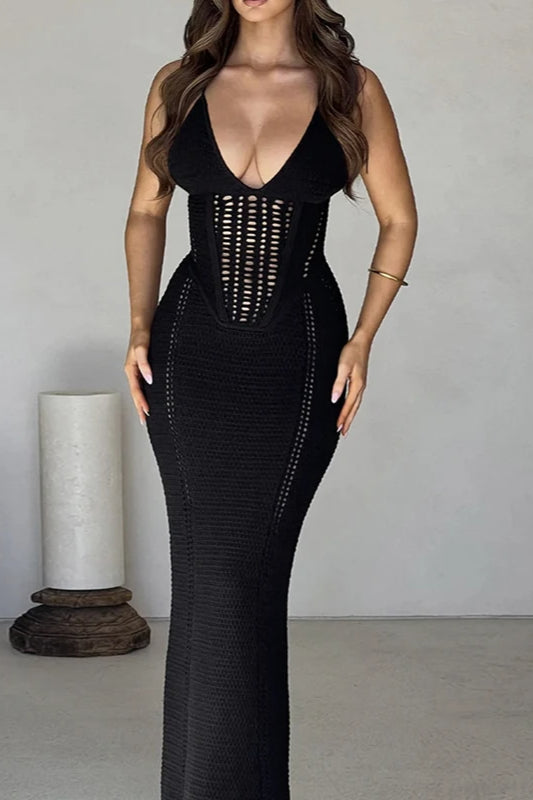Backless Tie Up Knitted Hollow Out Maxi Dress
