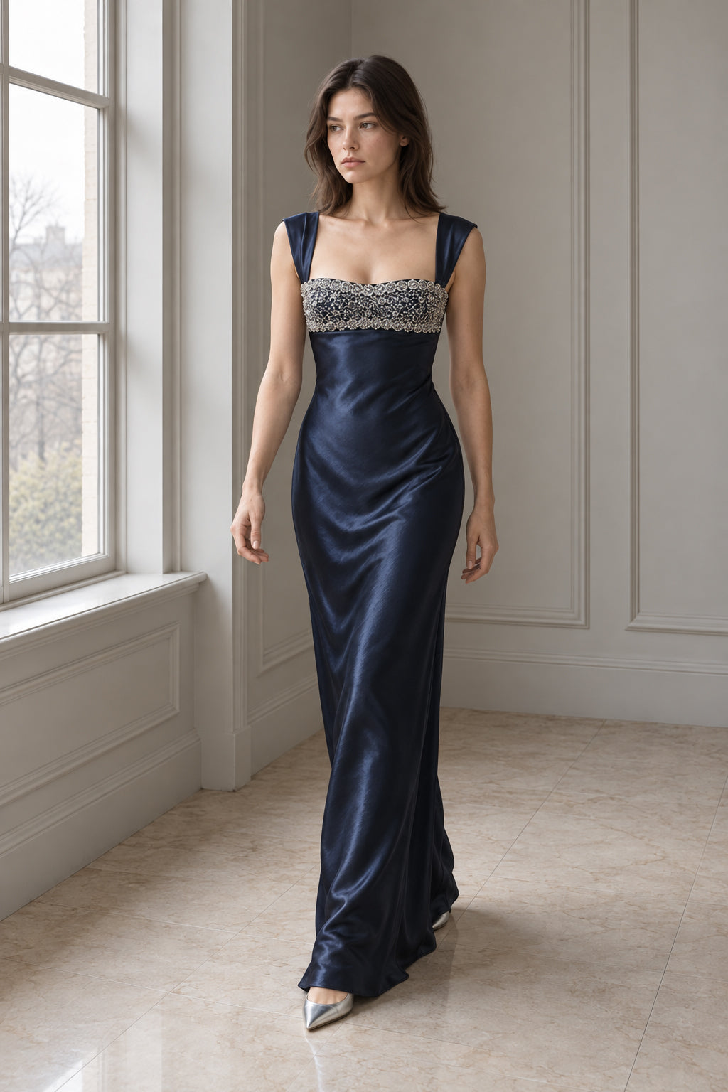 Satin Square Neck Embellished Empire Waist Maxi Gown