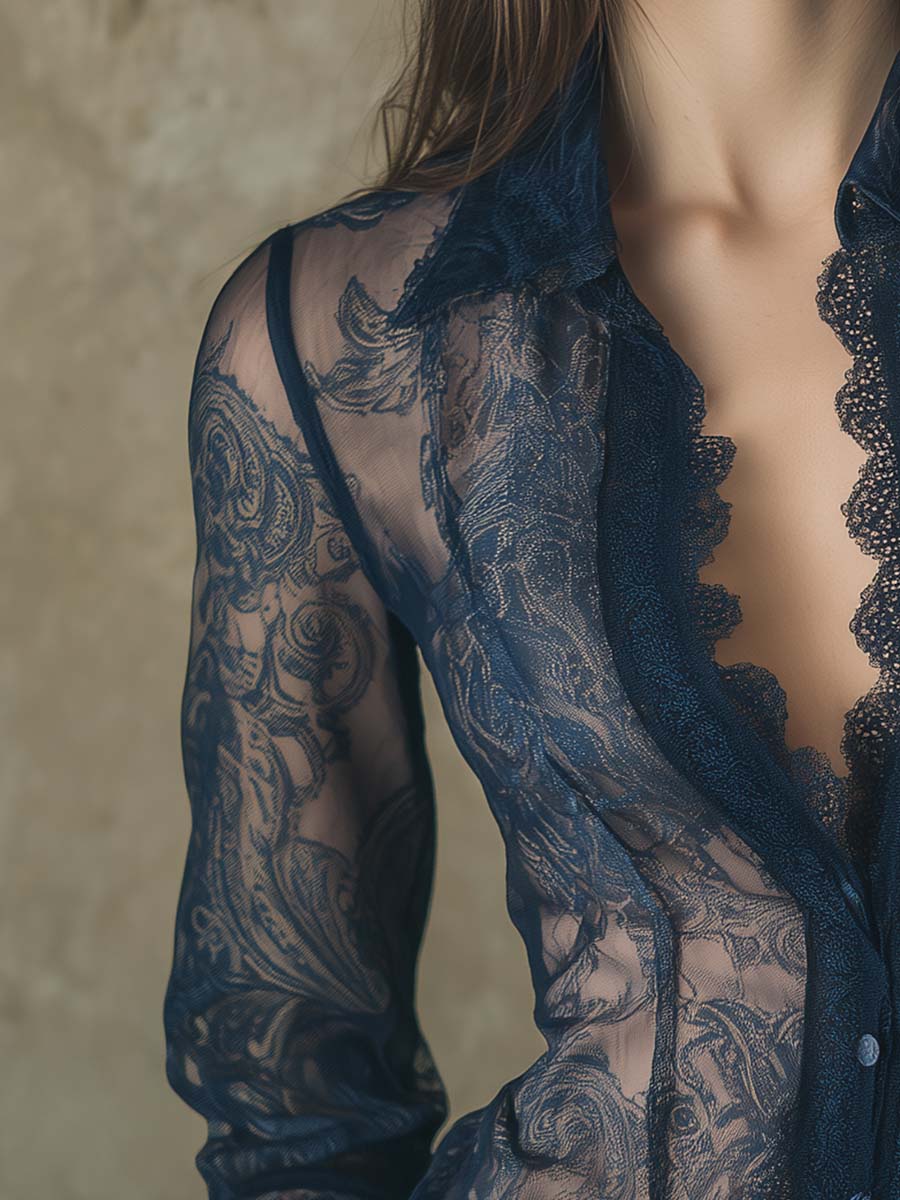 Limited Sale : Romantic Paisley Print Lace Trim Sheer Shirt - Fashionpara