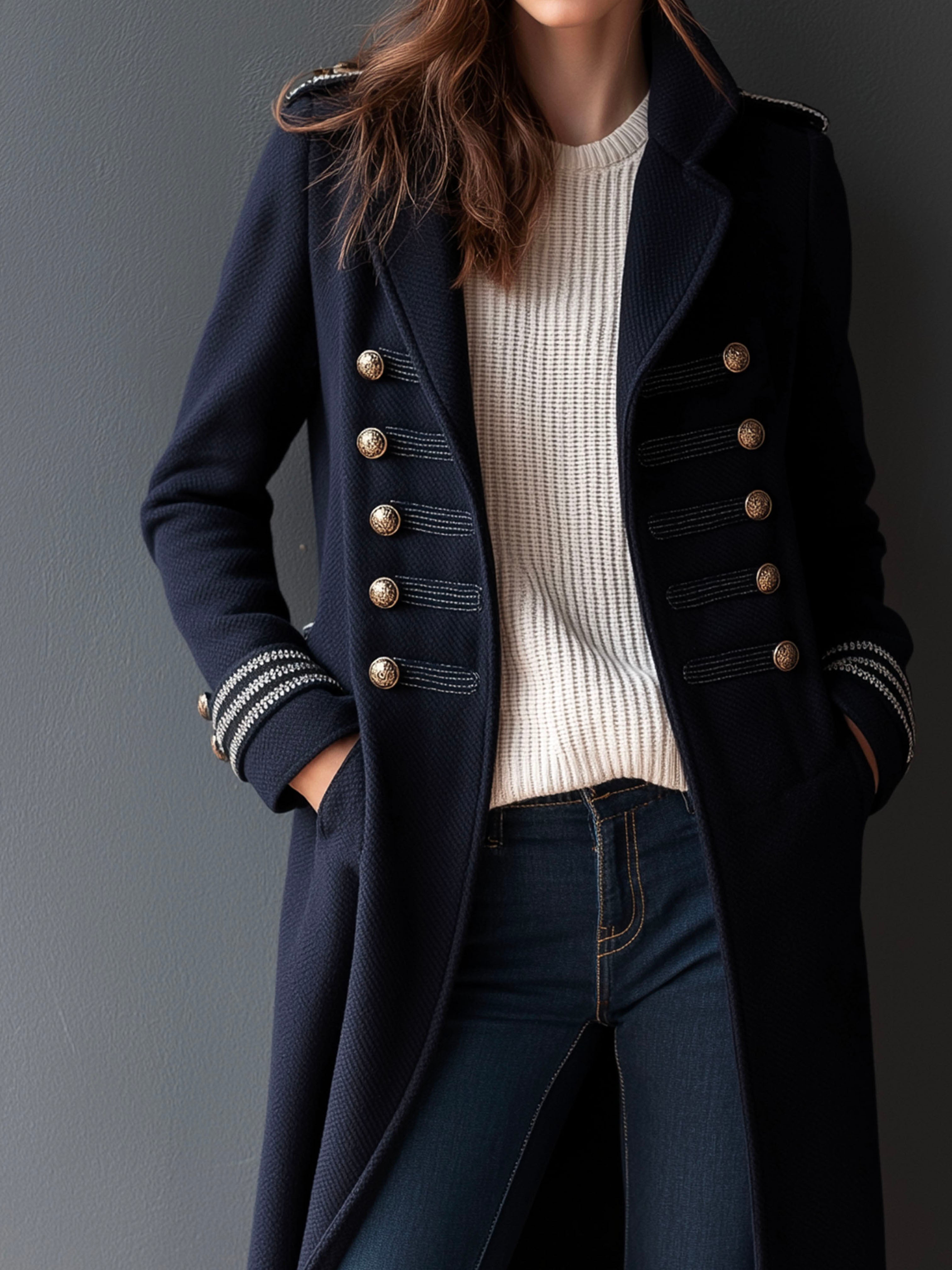 Vintage Military Style Double-Breasted Wool Blend Peacoat