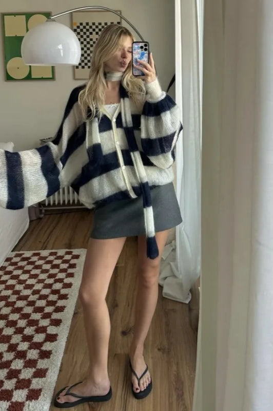 V-Neck Patchwork Knit Cardigan