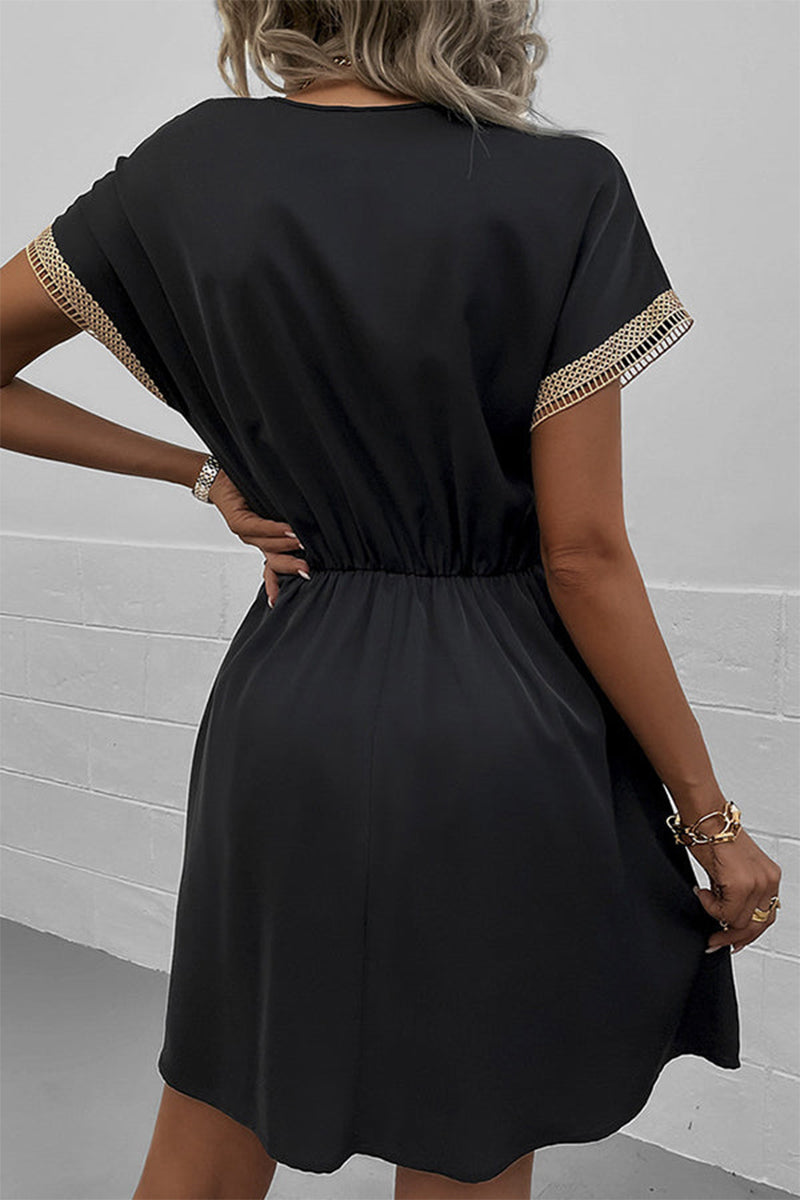 Lace Patchwork V Neck Casual Dress - Fashionpara