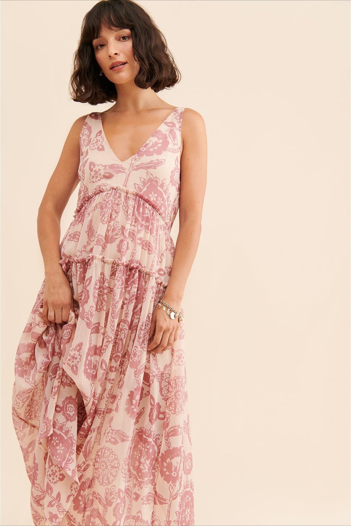 Floral Print V-Neck Tiered Chiffon Maxi Dress 6