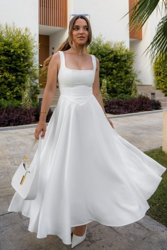 Square Neck Fitted Bodice A-Line Midi Dress