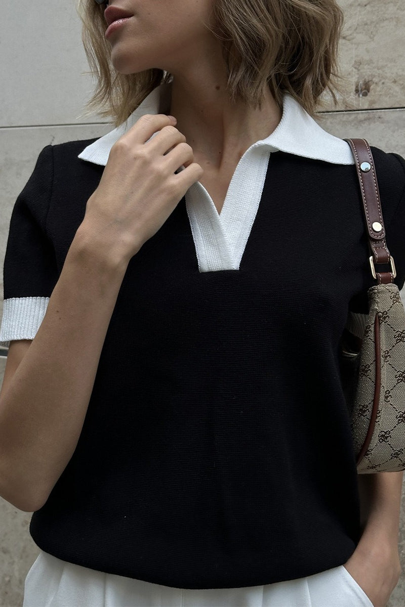 Contrast Collar Short Sleeve Polo Knit Sweater 4