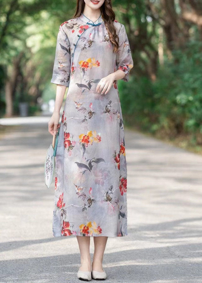 Mandarin Collar Frog Button Floral Print Cheongsam Midi Dress - View 2