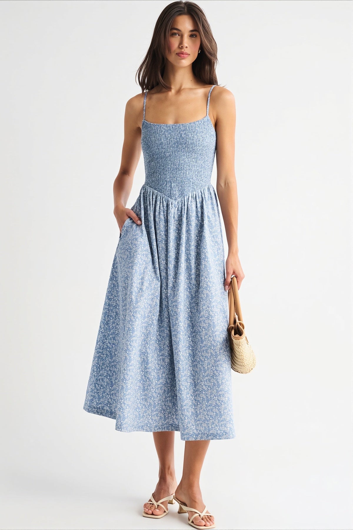 Striped Shirred Bodice A-Line Midi Dress