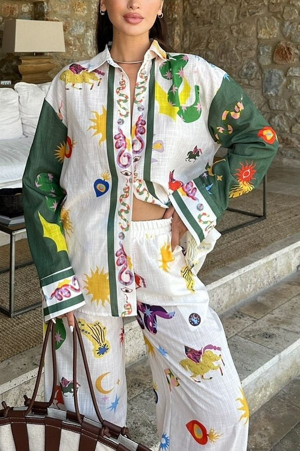 Zoie Linen Blend Unique Print Long Sleeve Loose Shirt and Elastic Waist Pocketed Pants Set - Fashionpara