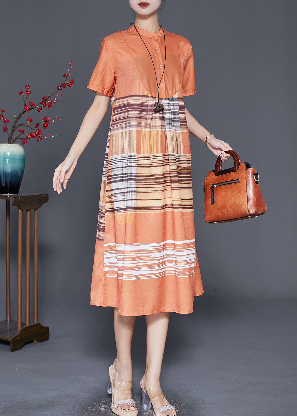 Patchwork Stripe Mandarin Collar Button Short Sleeve A-Line Midi Dress - View 2