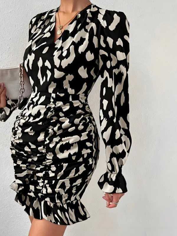 Leopard Print V-neck Tie Waist Bodycon Mini Dress Party Dress - Fashionpara