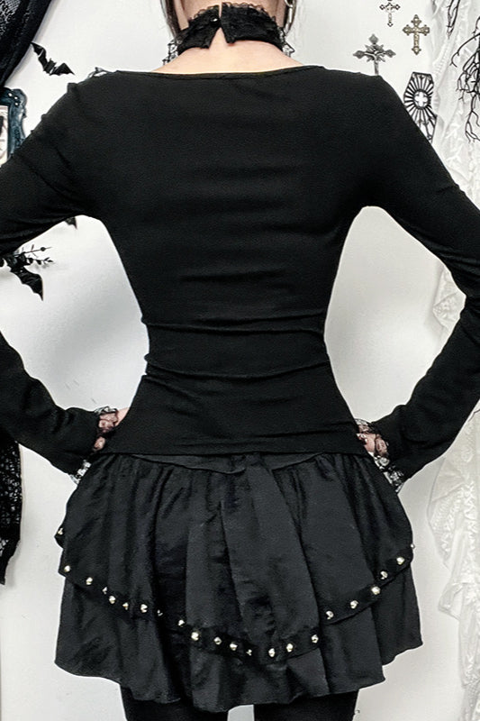 Gothic Lace Trim Buckle Knit Top