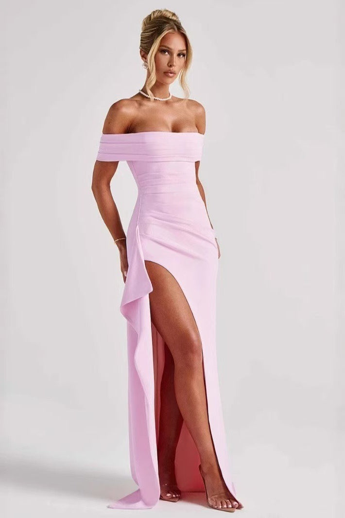 Off Shoulder Ruched High Split Mermaid Maxi Dress in Pink
