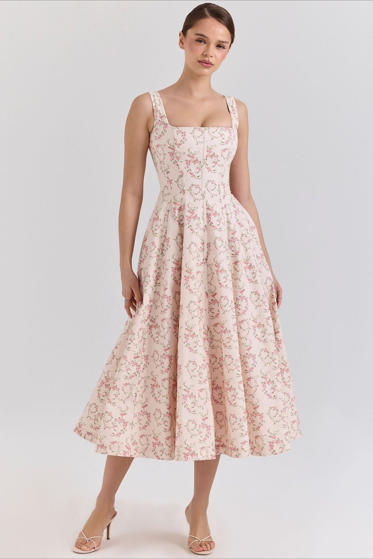 Floral Print Square Neck Corset Fit & Flare Midi Dress