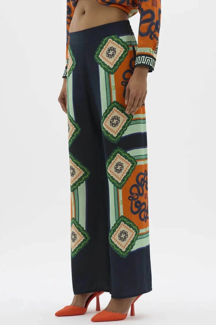 Vacation Times Satin Unique Print Long Sleeve Shirt And Elastic Waist Pocketed Wide Leg Pants - Fashionpara