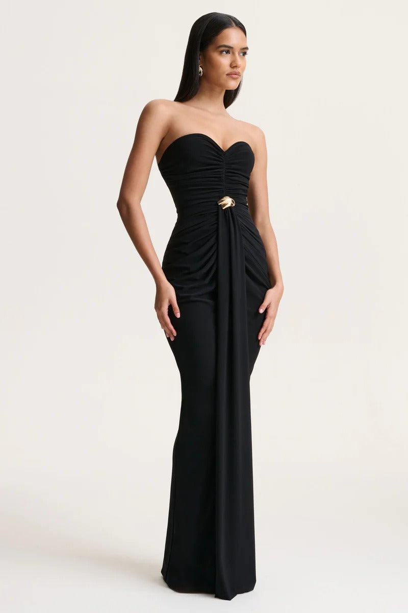 Strapless Sweetheart Ruched Gold Ring Draped Maxi Gown