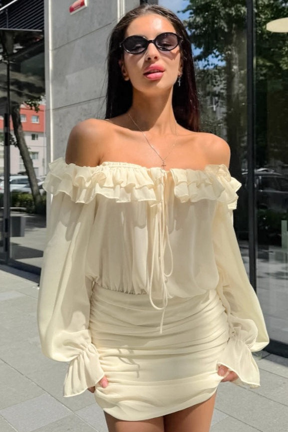 Off Shoulder Long Sleeve Ruffle Tie Front Mini Dress