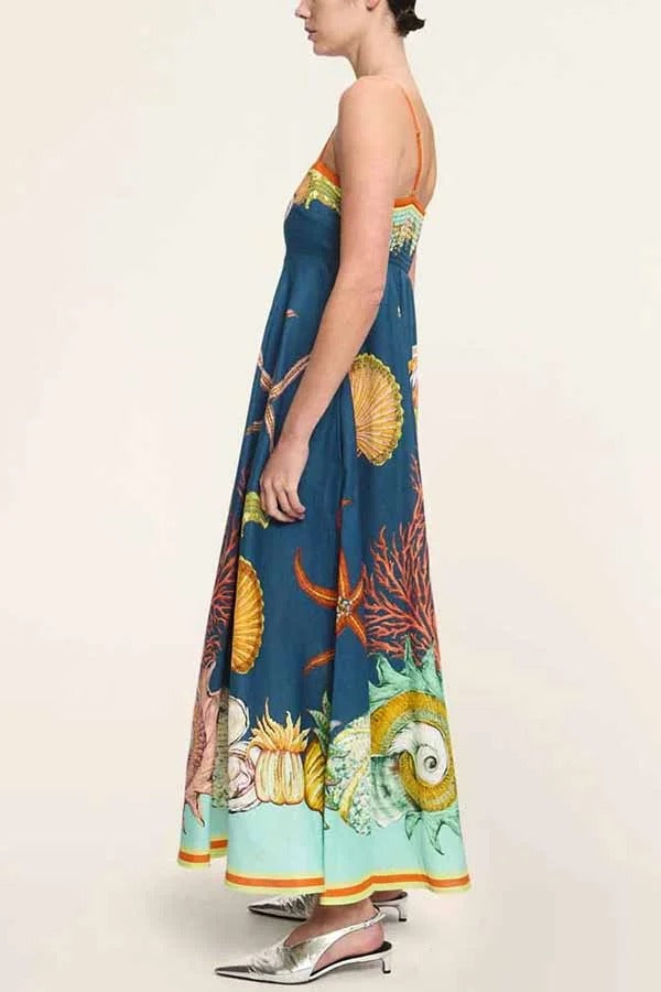 Linen Blend Unique Print Suspenders Back Pleated Pocket Resort Style Maxi Dress - Fashionpara