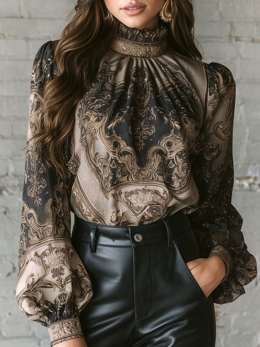 Vintage Baroque High Neck Black & Gold Puff Sleeve Blouse - Fashionpara