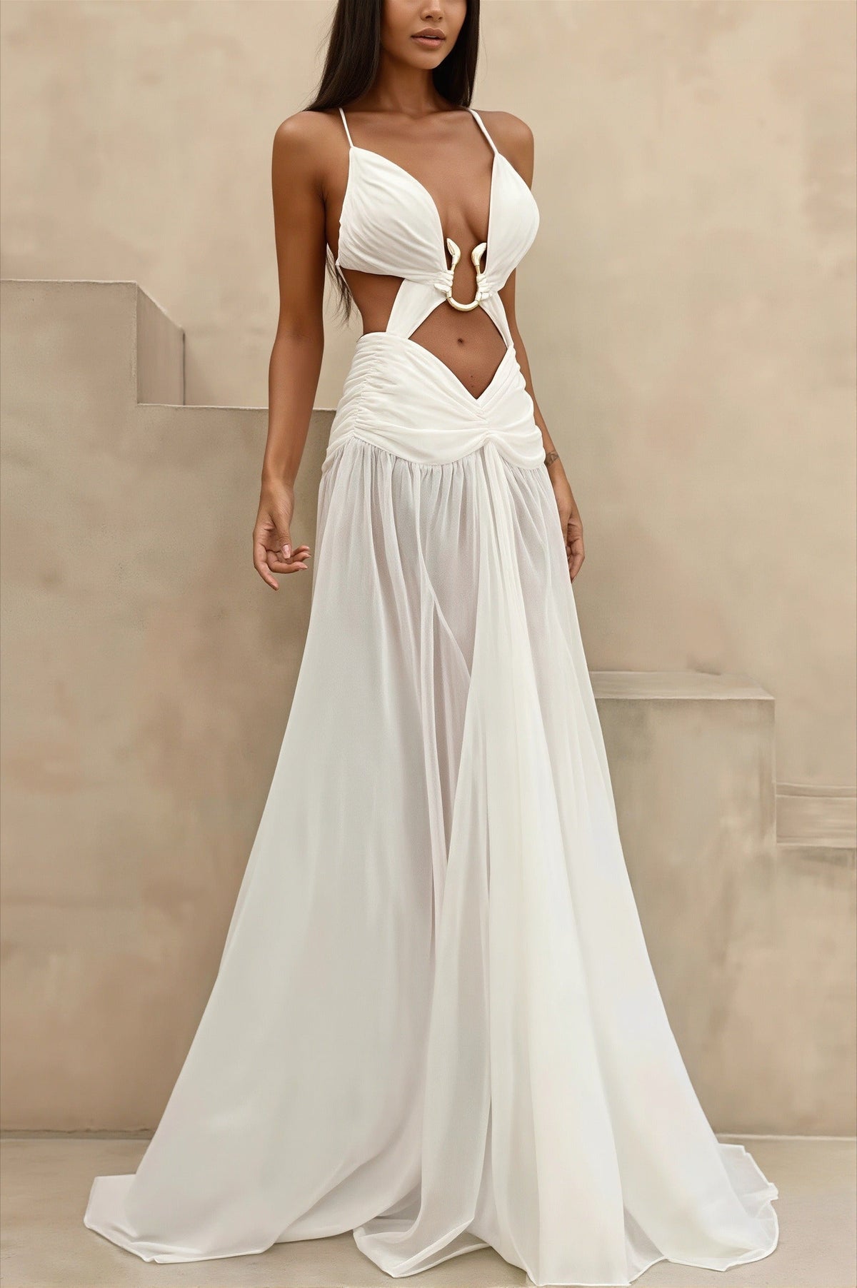 Chiffon Plunge Cut Out Ring High Split Maxi Gown
