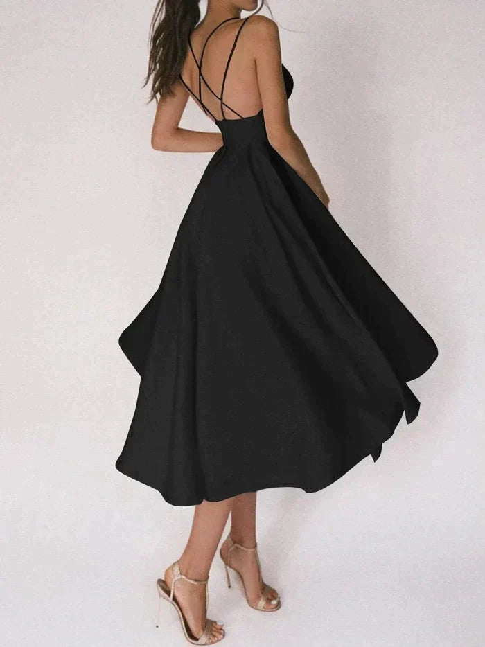 Double Strap Deep V-Neck Cinched Waist Midi Cocktail Dress - View 9