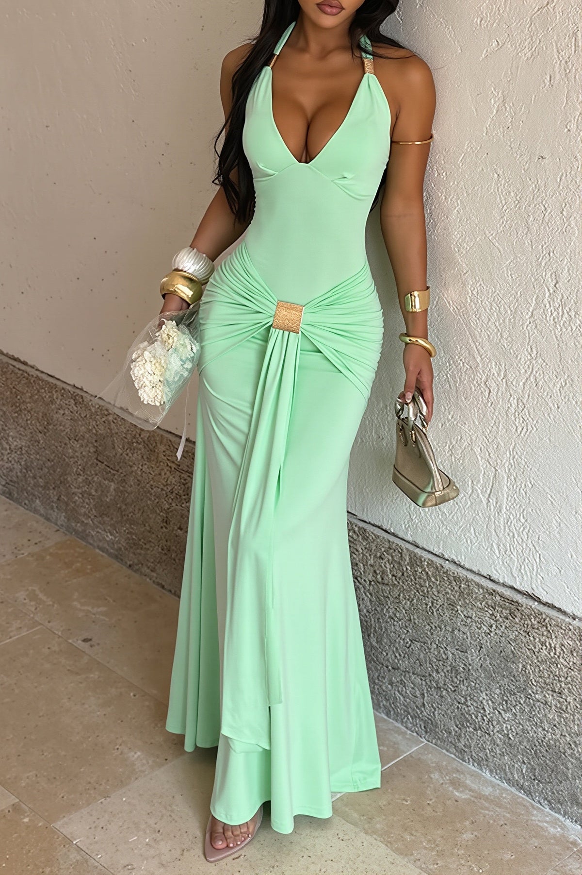 Halter Neck Plunge Draped Mermaid Maxi Gown 2