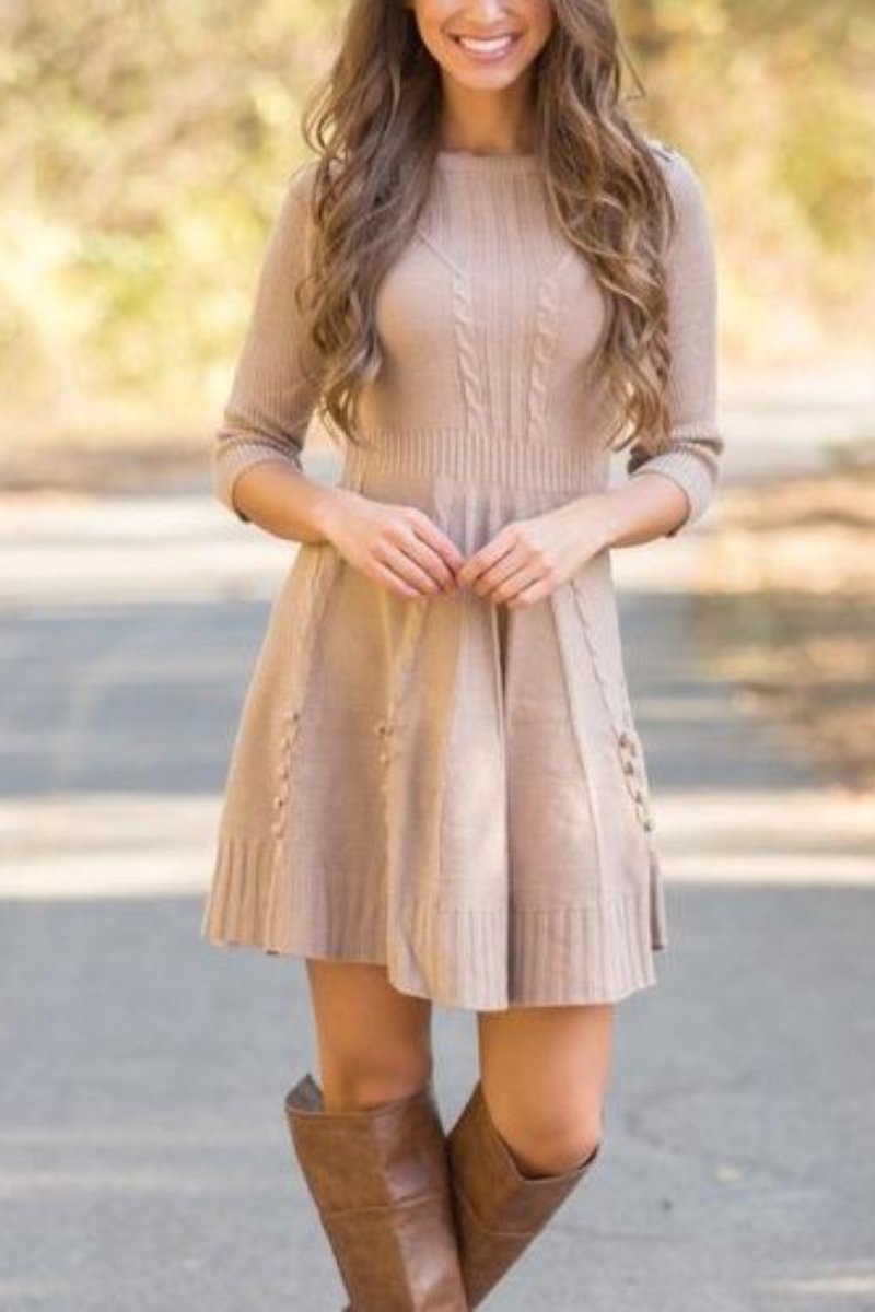 Solid Cable-knit Round Neck Casual 7-sleeve Sweater Dress