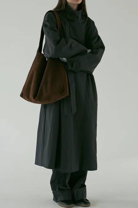 Silhouette Stand Collar Minimalist Commuting Long Trench Overcoat - Fashionpara