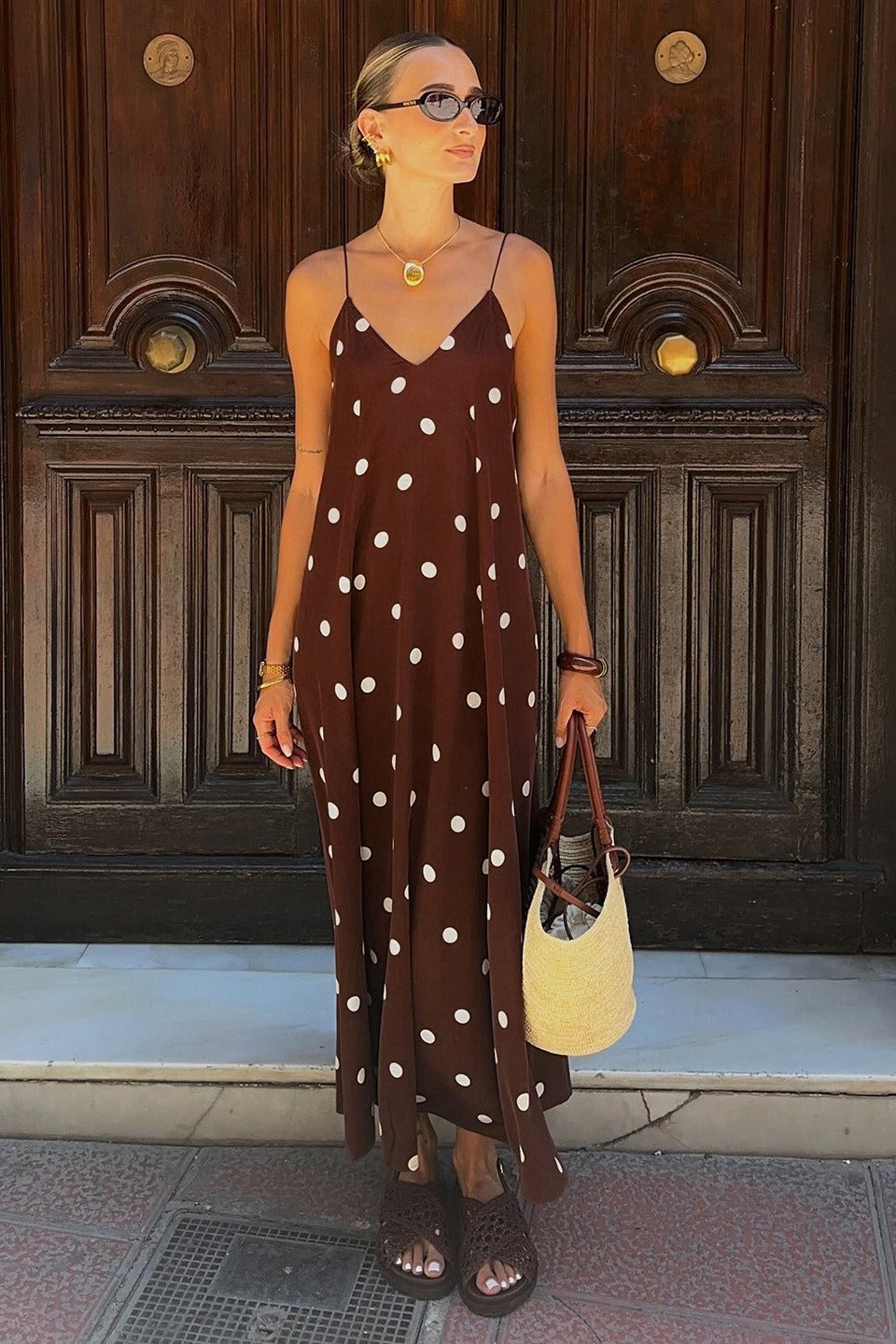 Polka Dot V-Neck Spaghetti Strap Slip Maxi Dress 2
